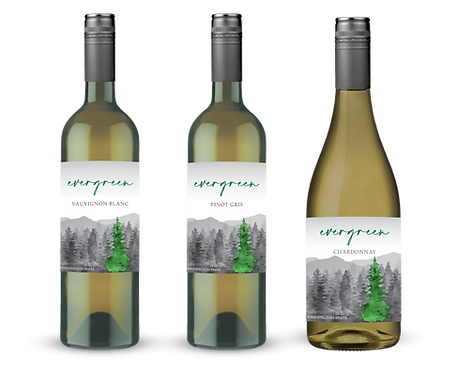 Evergreen-btl-graphic Three wine bottles labeled Sauvignon Blanc, Pinot Gris, and Chardonnay, each featuring stylish evergreen-themed labels.