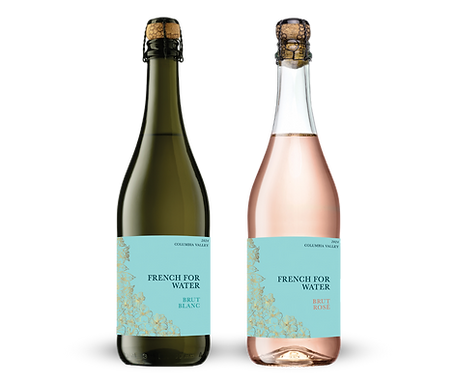 Two bottles of sparkling wine, one Brut Blanc and one Brut Rosé, each with elegant blue floral labels inspired by the French for Water motif and finished with classic cork tops.