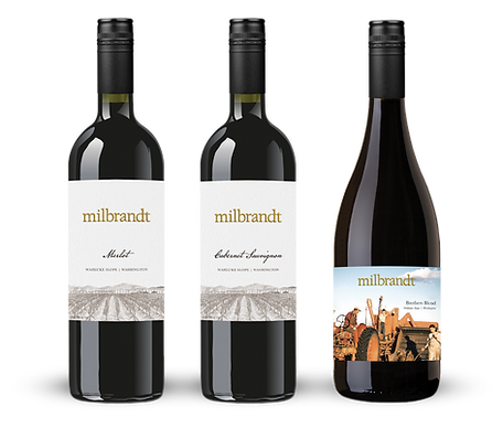Milbrandt-btl graphic Three bottles of Milbrandt wine, including Merlot, Cabernet Sauvignon, and a red blend with a scenic label.