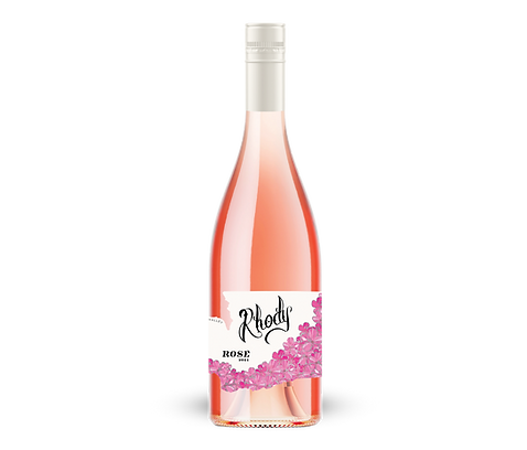 Rhody-btl graphic A bottle of rosé wine featuring a floral label design and the word Rhody elegantly displayed on the front.