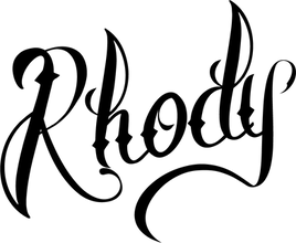 Rhody-text-logo-black Rhody the black cat sits, looking up with its tail curled gracefully around its body.