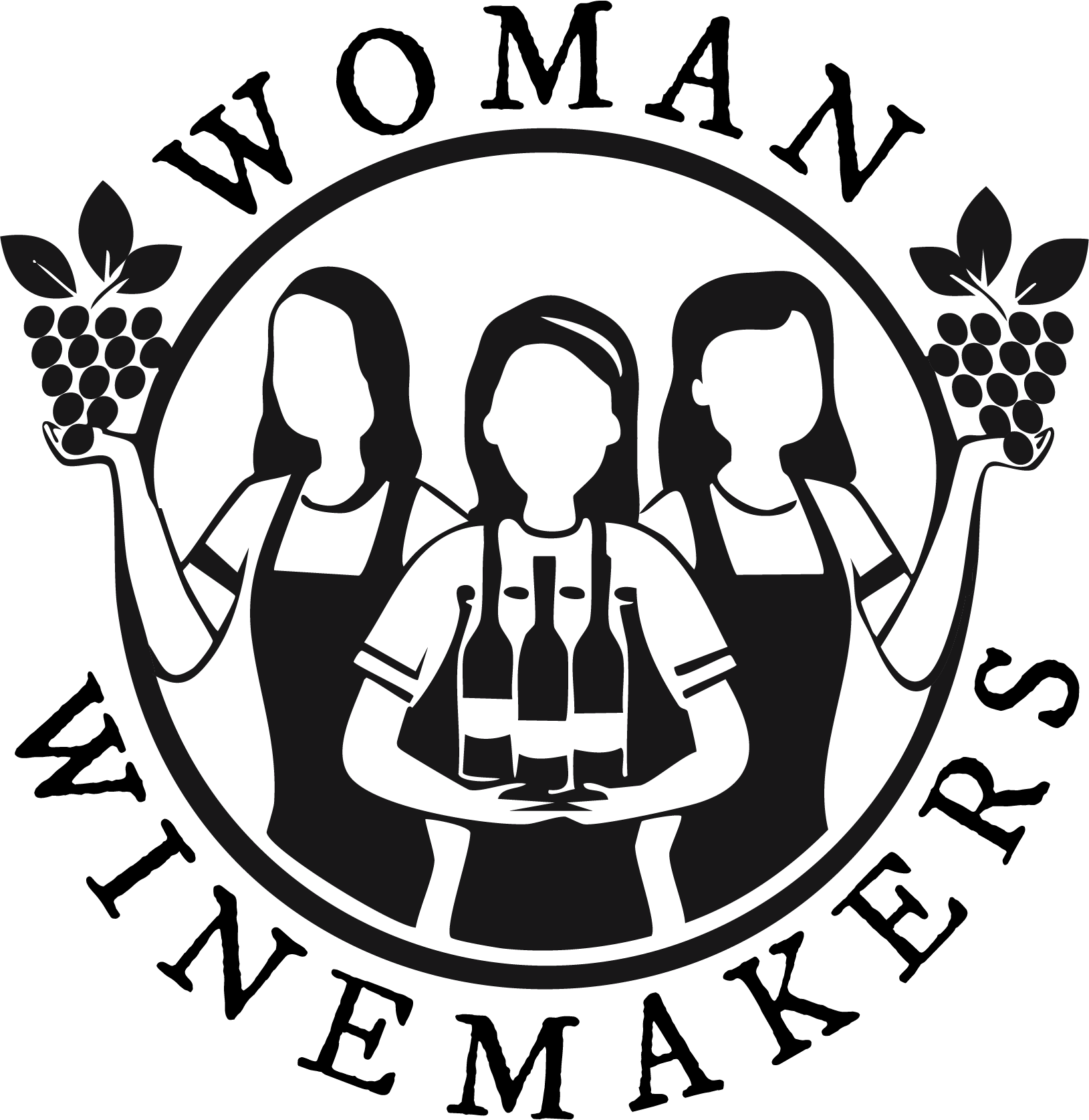 Woman Winemakers logo Logo with three women in aprons, holding wine bottles and grapes, with text Woman Winemakers around them.