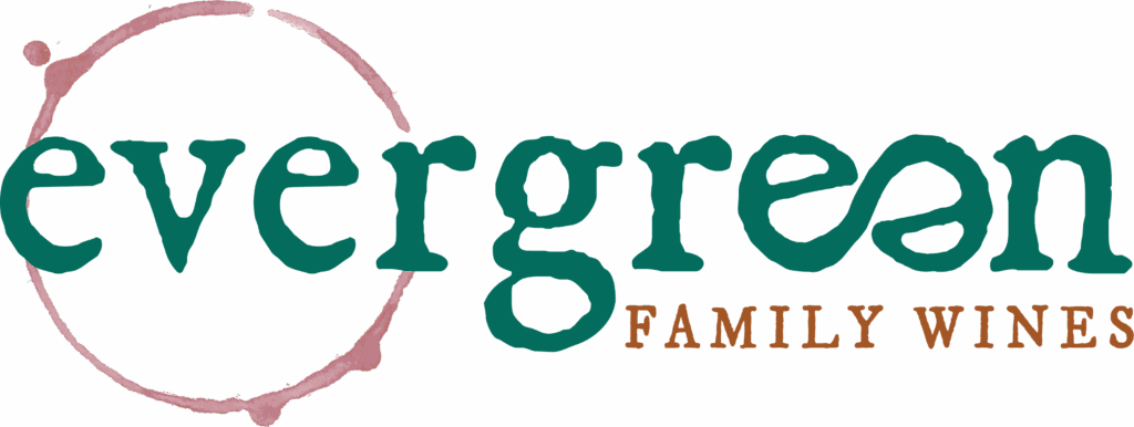 Evergreen FAMILY WINES logo with a wine ring stain around the e and green and red text on a transparent background.