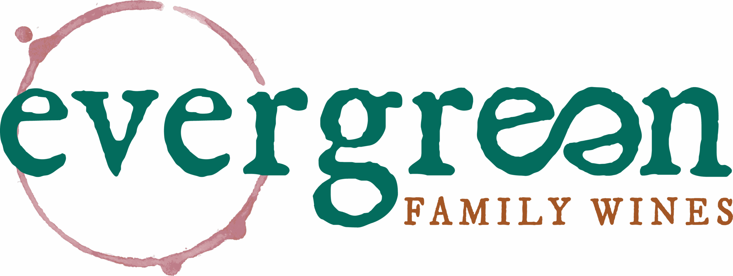 Evergreen FAMILY WINES logo with a wine ring stain around the e and green and red text on a transparent background.