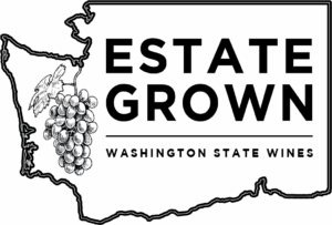 estate-grown A black outline of Washington state with a cluster of grapes illustrated in the western region.