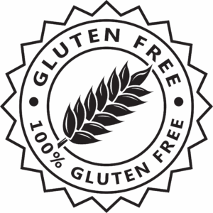 gluten-free Black circular 100% Gluten Free badge with a wheat symbol in the center.