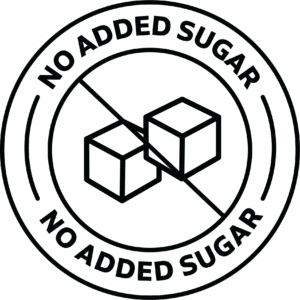 A circle with two sugar cubes crossed out and the text No Added Sugar around the border.