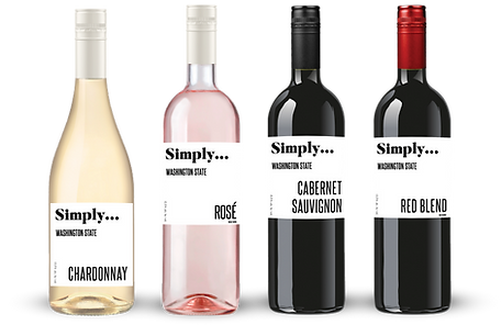 simply-bottleshot Four wine bottles labeled Simply... Chardonnay, Rosé, Cabernet Sauvignon, and Red Blend from Washington State.