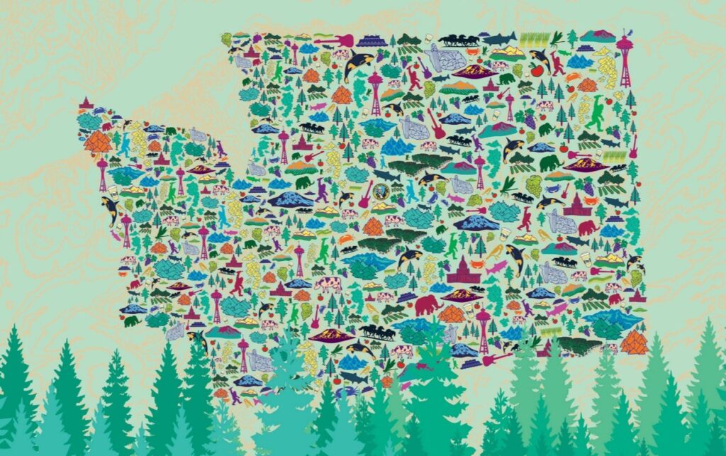 Illustrated map of Washington state filled with colorful landmarks, wildlife, and nature icons—with trees and hints of wine subscription regions featured in the vibrant foreground.