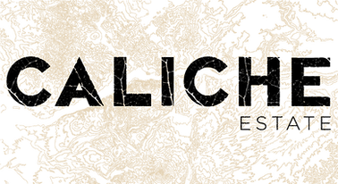Text CALICHE in bold black letters on a textured, beige and black marbled background.