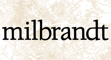 Distorted black text milbrandt on a beige and black abstract textured background.