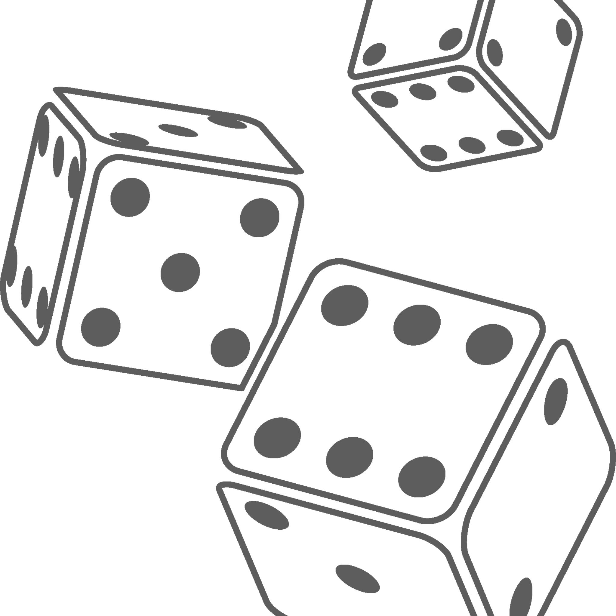 Three outlined dice with visible black dots are tumbling against a plain white background.