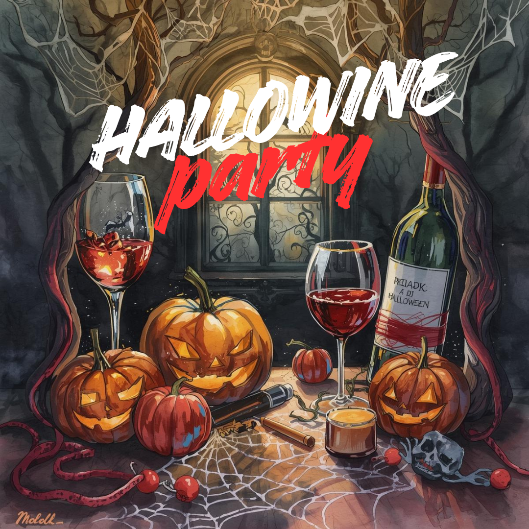 Three jack-o’-lanterns, wine glasses, and a wine bottle on a table with HALLOWINE party text.