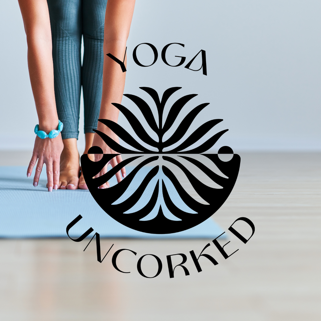 Person in yoga pose on mat with Yoga Uncorked text and a stylized logo overlayed on the image.