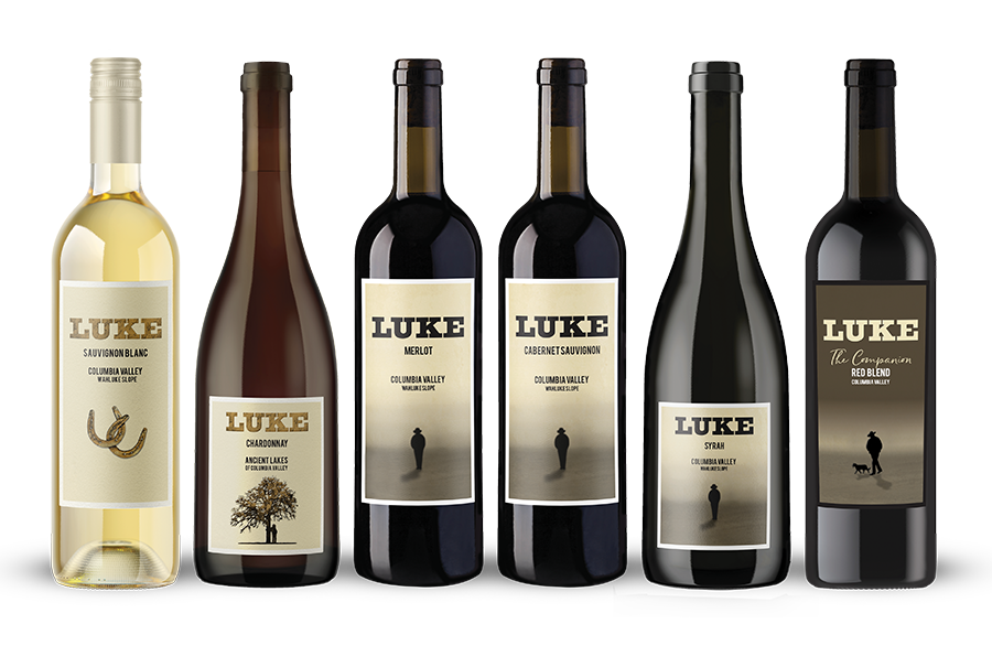 Six bottles of Luke wine, each with a unique label design, displayed side by side on a white background.