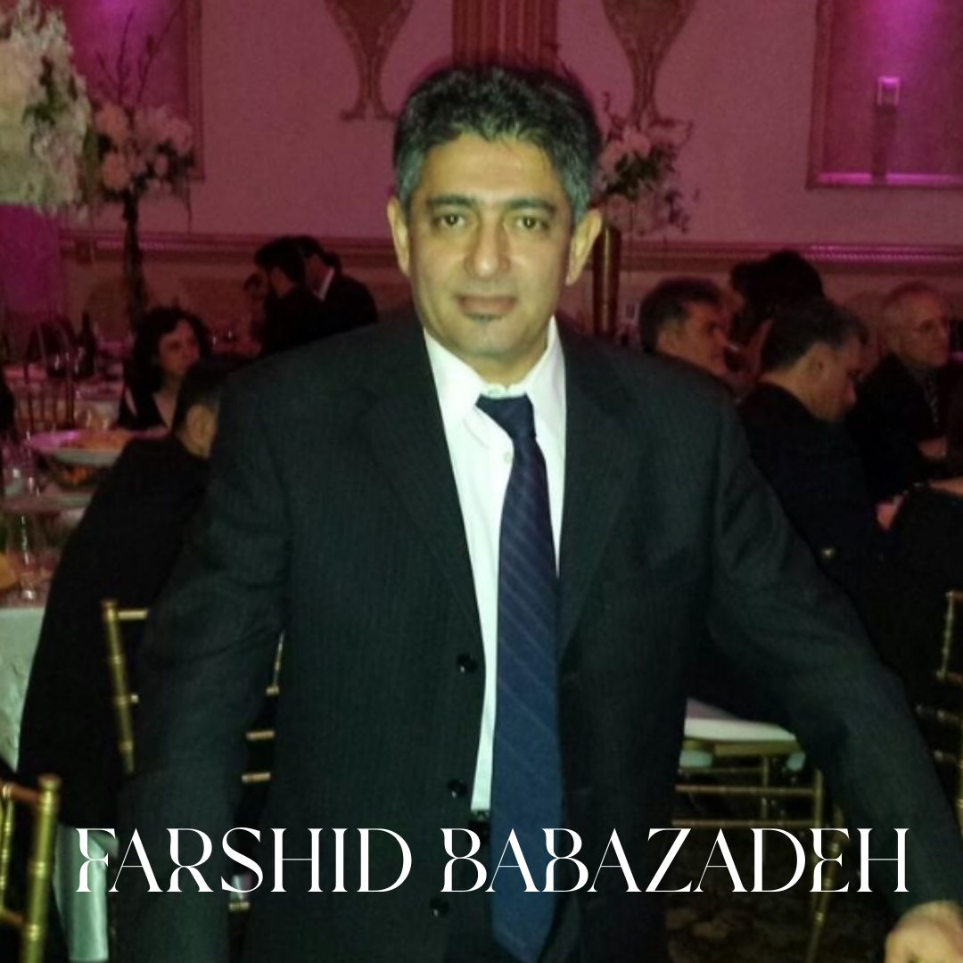 A man in a suit stands at a banquet with FARSHID BABAZADEH written at the bottom.