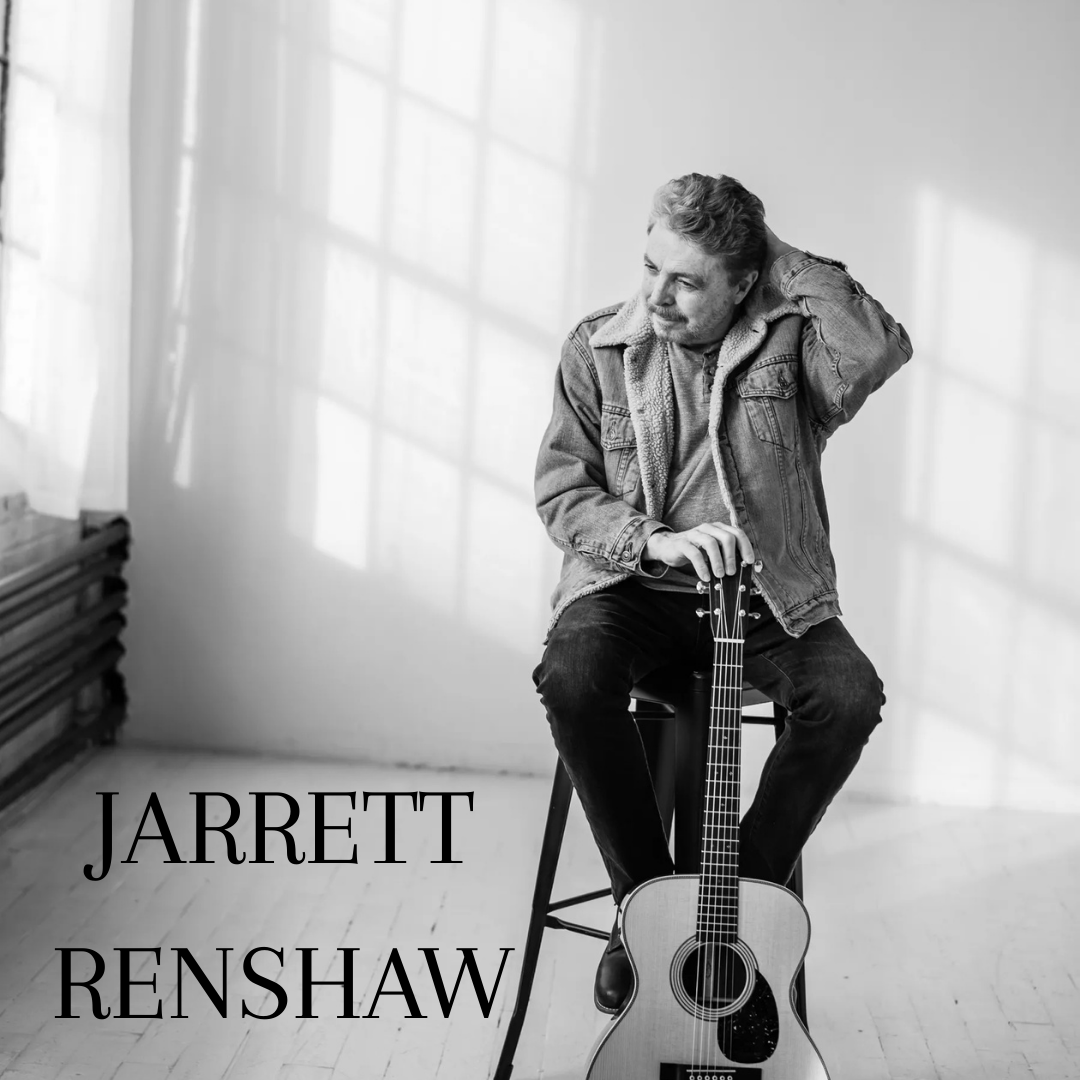 Black and white photo of a man sitting on a stool with a guitar, hand on head, text: Jarrett Renshaw.