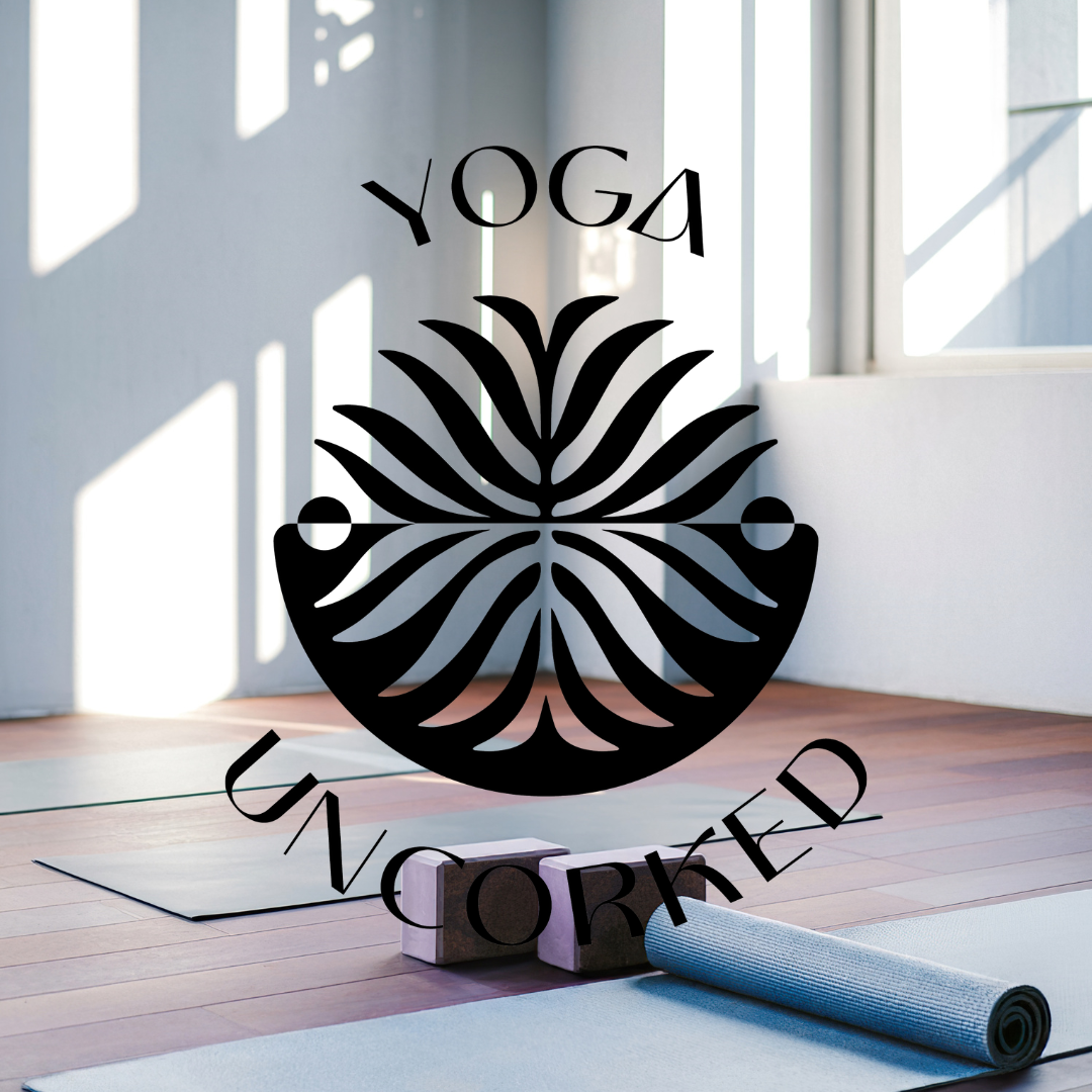 A yoga studio with mats, blocks, and Yoga Uncorked logo in the foreground.