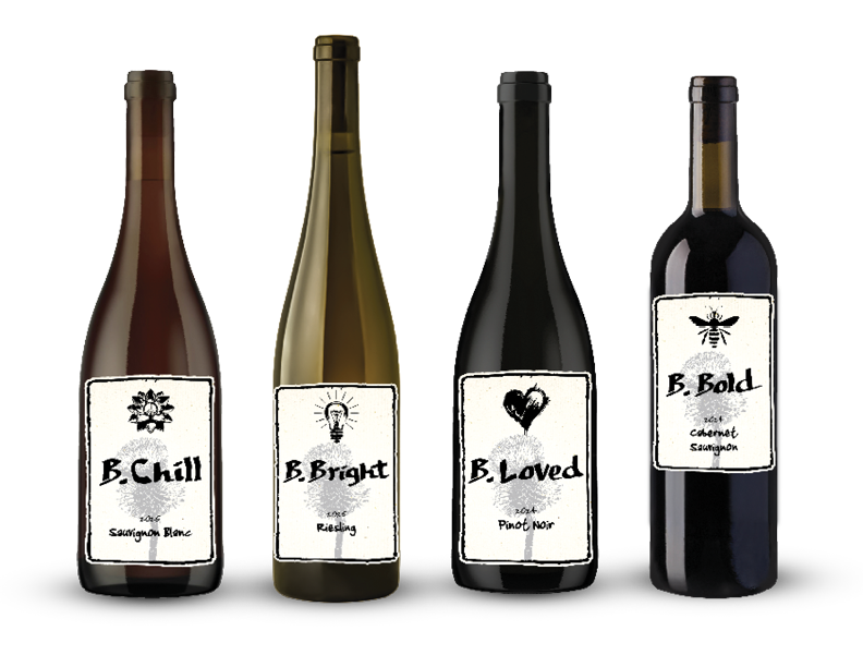 Four wine bottles labeled B. Chill, B. Bright, B. Loved, and B. Bold, each with a unique black and white design.