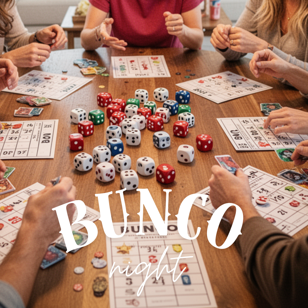 People playing Bunco around a table covered with dice, scorecards, and snacks. Text reads Bunco night.