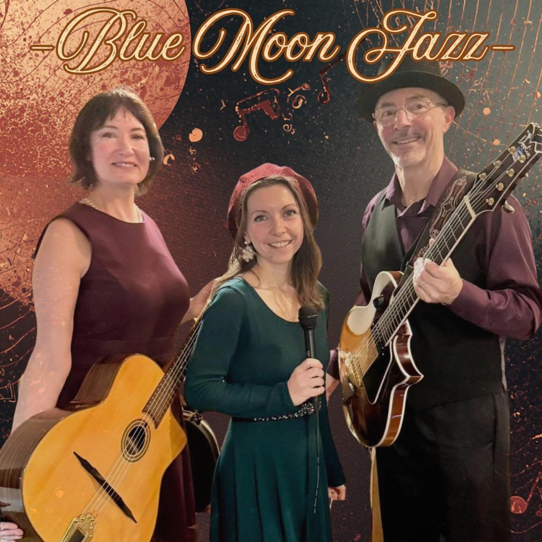 Three musicians pose with guitars and a microphone under a Blue Moon Jazz sign on a decorative background.
