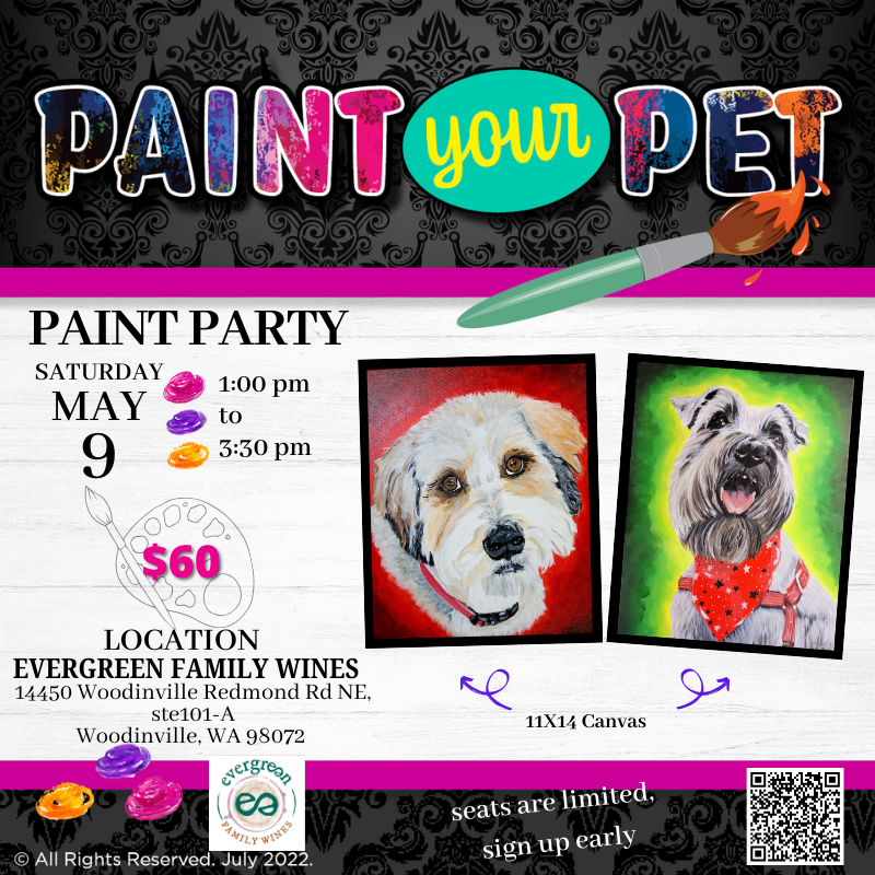 Paint party flyer with colorful Paint Your Pet text, pet portraits, event details, and $60 price tag.