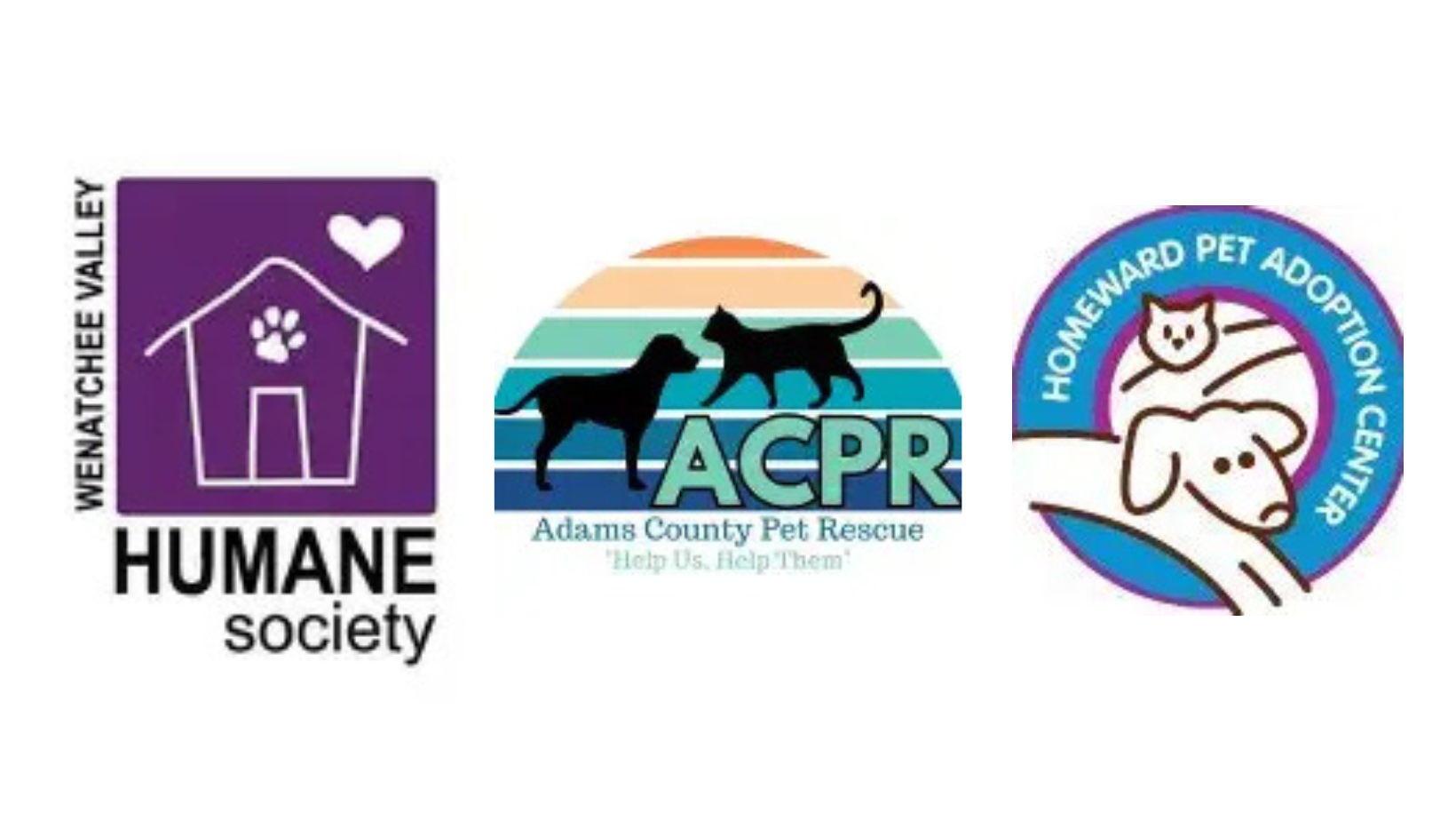 Three animal shelter logos: Wenatchee Valley Humane Society, Adams County Pet Rescue, Homeward Pet Adoption Center.