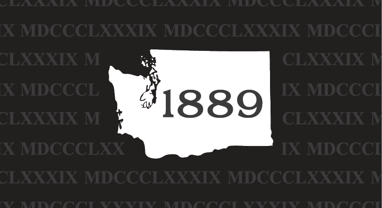 White silhouette of Washington state with 1889 over it, on a black background with Roman numerals.