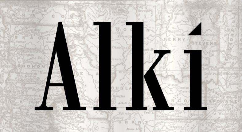 The word Alki in large black font is displayed over a faded map background.