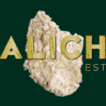 Yellow text CALICHE ESTATE with a light rock behind the letters on a dark green background.