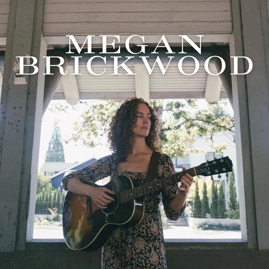 Woman with curly hair playing guitar under a wooden structure, text Megan Brickwood above her.
