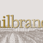 Gold “milbrandt” text over a line drawing of vineyard rows with hills and buildings in the background.