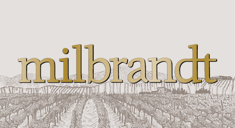 Gold “milbrandt” text over a line drawing of vineyard rows with hills and buildings in the background.