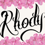 Rhody in elegant script, surrounded by a border of pink flowers on a light background.