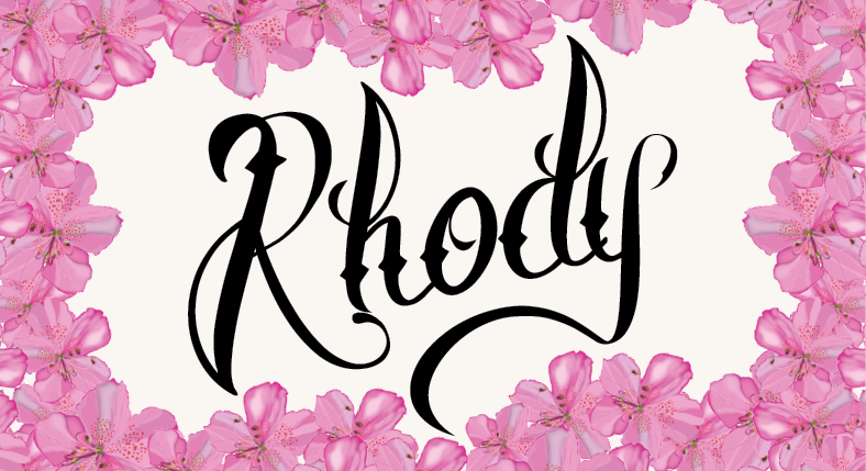 Rhody in elegant script, surrounded by a border of pink flowers on a light background.
