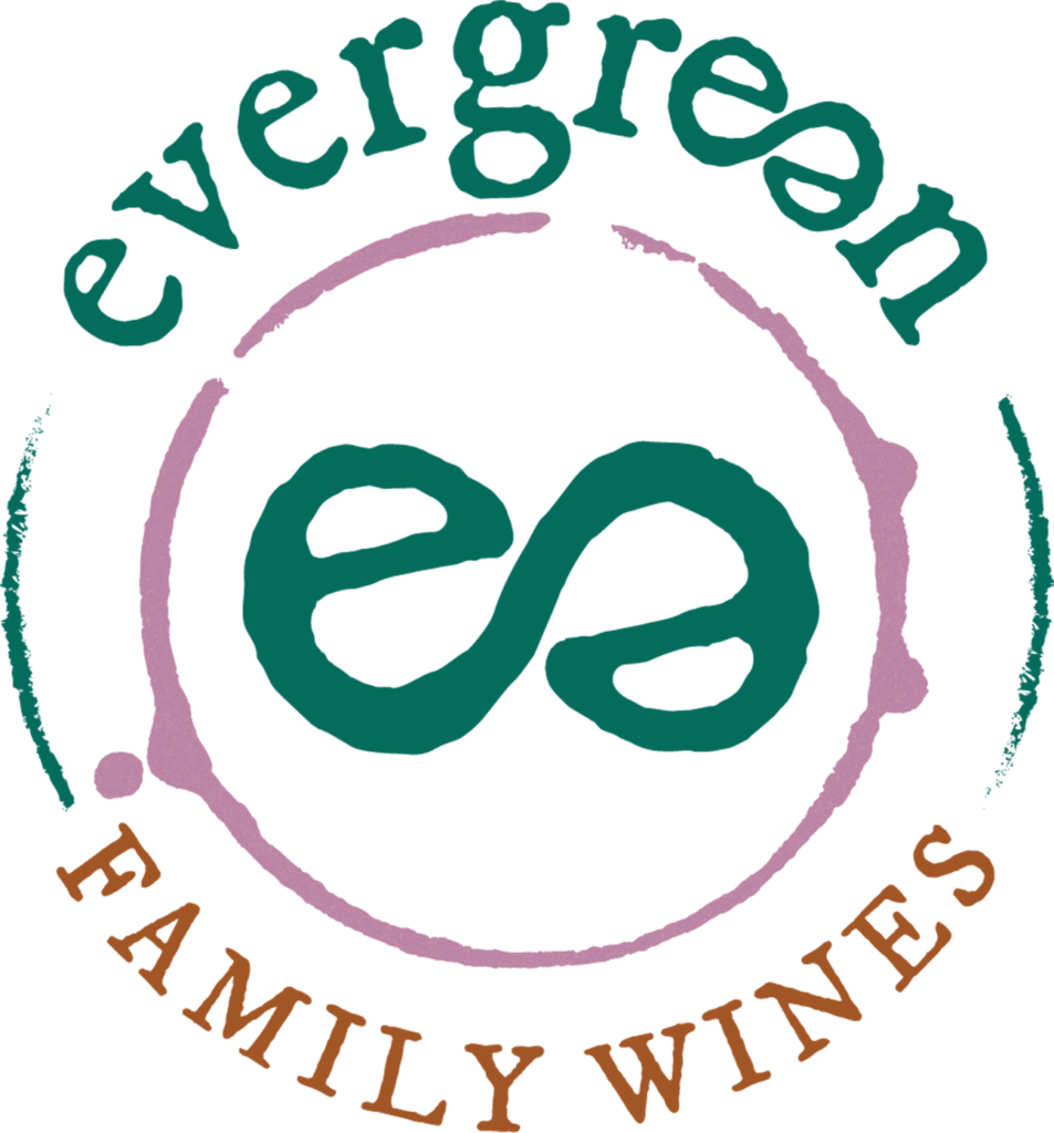 Logo for Evergreen Family Wines with green and purple text and an abstract green infinity symbol.