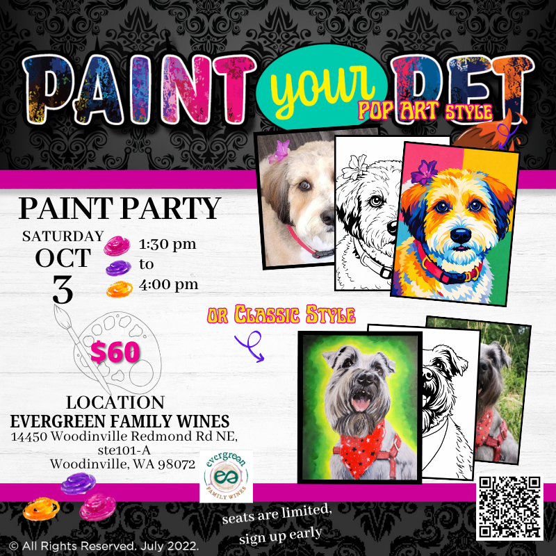 Colorful Paint Your Pet event flyer with pet portraits, event details, date, time, location, and $60 fee.