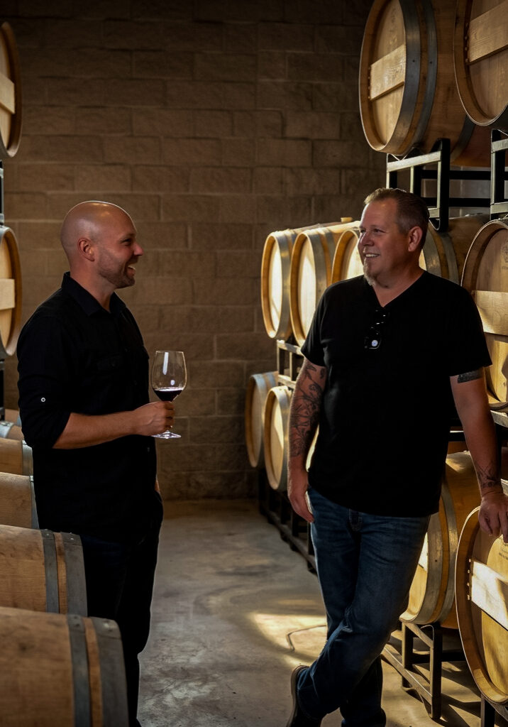 Two men talk and smile in a wine cellar, surrounded by wooden barrels; one holds a glass of red wine.